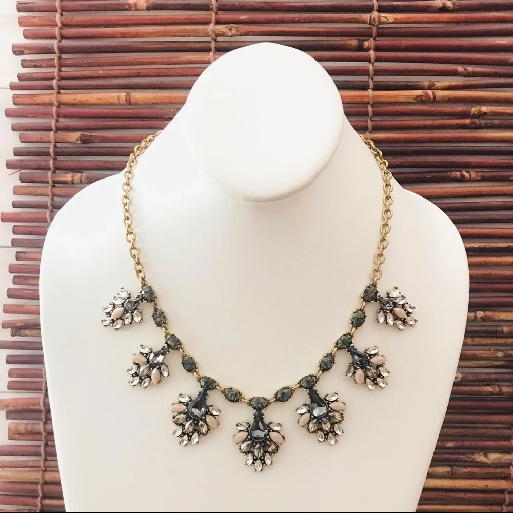 J. Crew Bewjeweled Rhinestone Gold Tone Floral Necklace